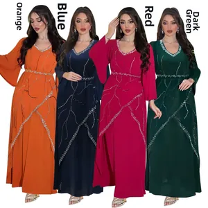 Four colors of V-neck chiffon abaya dresses with rhinestones and flared sleeves