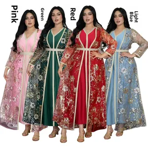 Ensemble abaya caftan ethnique avec broderie de paillettes en rose vert rouge bleu