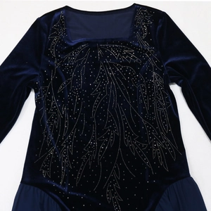 Detailed view of dark blue velvet jalabia with silver rhinestone feather pattern
