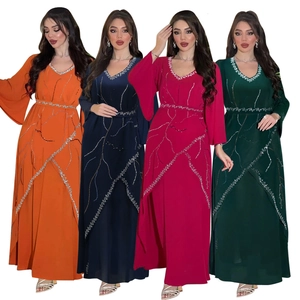 Elegant Women Hot-fix Rhinestone Chiffon Abaya Kaftan Maxi Dress With Belt Flared Sleeve V Neck Party Wedding Long Gown