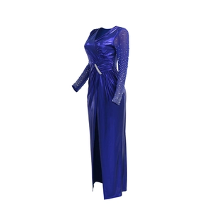 Detail of royal blue evening gown featuring silver rhinestone buckle and mesh sleeves