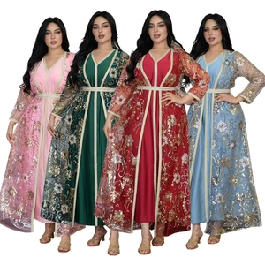 Élégant Ensemble Deux Pièces Caftan Broderie Florale Paillettes Femmes Col V Manches Longues Robe Maxi Pour Mariage Fête