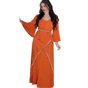 Orange chiffon kaftan dress with silver rhinestones, V-neck and flared sleeves