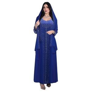 Ensemble abaya 2 pièces bleu roi en mousseline avec strass étincelants pour soirée