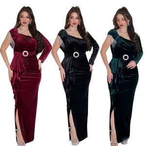 Elegant Velvet One Shoulder Evening Gown With Rhinestone Belt Tassel High Slit Ruffle Formal Wedding Party Maxi Dress