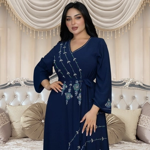 Elegant navy blue V-neck Abaya dress with silver floral embroidery and waist tie