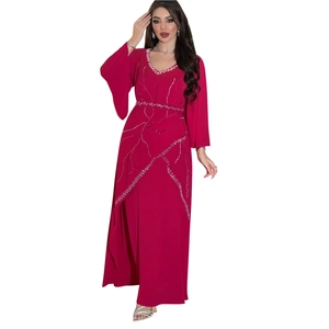 Detail of rose red chiffon robe featuring silver rhinestones and layered irregular hem