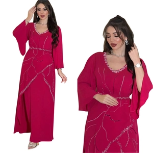 Detail of elegant V-neck chiffon robe with silver rhinestones and flared sleeves