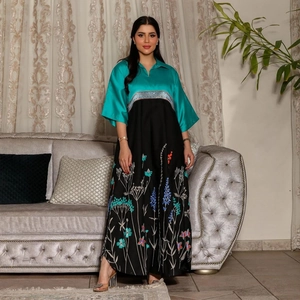 Women Satin Floral Embroidery Color Block Maxi Dress Ethnic Kaftan Abaya Teal Green Black V-Neck Loose Long Gown