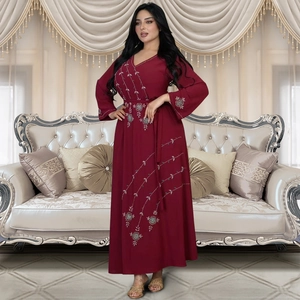 Elegant deep red long-sleeved Abaya dress with silver floral embroidery and V-neckline
