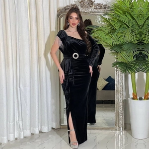 Elegant black velvet slim dress with silver chain fringe shoulder and belted side slit