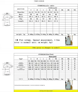 Size chart for sequin fringe robe dress with measurements in inches and centimeters