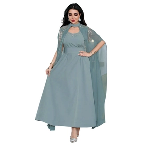 Elegant grey-blue maxi dress with sequin tassel cape and rhinestone details