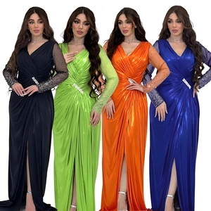 Women Elegant V-Neck Long Sleeve Evening Gown Rhinestone Beaded Mesh Sleeve Metallic Satin Finish Polyester High Split Maxi Dress