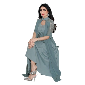 Elegant grey long dress with sequined tassel shawl and silver high heels set