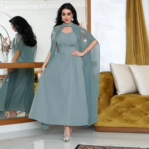 Women Elegant Sage Green Caftan Dress With Sequin Tassel Cape Rhinestone Formal Evening Party Maxi Dress Ethnic Clothing