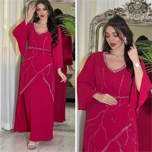 Elegant deep rose chiffon abaya dress with silver rhinestone leaf patterns and belt