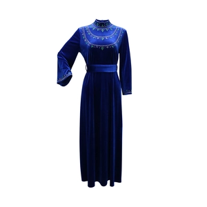 Deep blue long-sleeved velvet robe dress with green sequin embellishments and waist belt