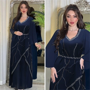 Navy blue chiffon abaya dress with luxury gold rhinestones and V-neck bell sleeve detail