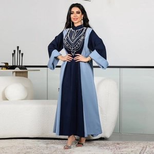 Robe Abaya Musulmane Modeste pour Femme Color Block Strass Caftan Manches Longues Patchwork Robe Maxi Islamique Moyen-Orient Fête