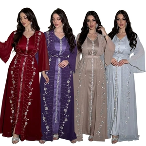 Completo Abito Musulmano Abaya Kaftan Donna Chiffon Strass Elegante Tunica Manica Lunga Festa Medio Oriente Matrimonio 500261