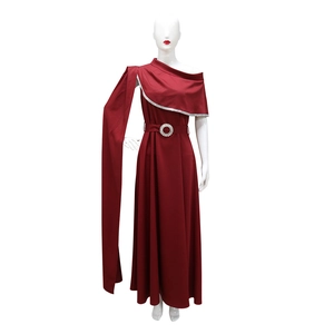 Detailed view of burgundy one-shoulder gown with rhinestone trim and crystal belt buckle