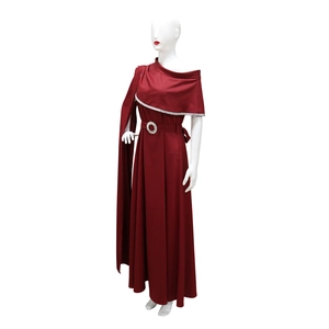 Detail of burgundy evening gown with sequined cape shoulder and rhinestone belt buckle
