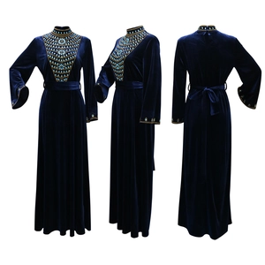Detail view of navy velvet Jalabia featuring crystal rhinestones and bead embroidery