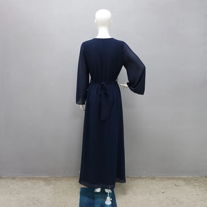 Detail of navy blue chiffon maxi robe with sparkling rhinestones and matching belt tie