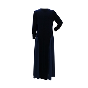 Rear view of slimming dark blue velvet dress with chiffon splicing and rhinestones