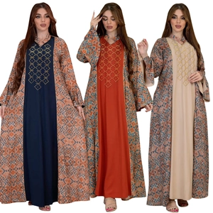 Women Ethnic Muslim Abaya Maxi Dress Polyester Geometric Print Flare Sleeve Rhinestone Middle Eastern Kaftan Robe Dress
