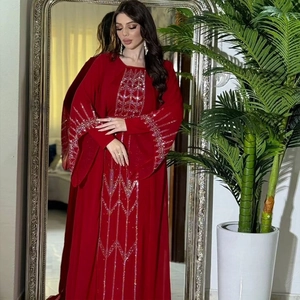 Elegant red long-sleeve chiffon gown with silver sequin embroidery and matching belt