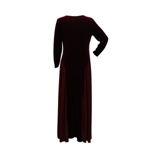 Detail of burgundy velvet dress featuring chiffon panels and elegant rhinestone accents
