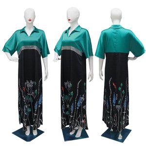 Elegant long-sleeved floral print patchwork satin dress in green and black colors