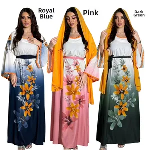 Detailed trio view of long-sleeve abayas with floral prints and gradient hems