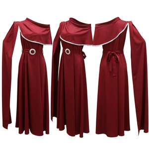 Three-way view of a burgundy floor-length gown with asymmetrical sequin cape and rhinestone belt