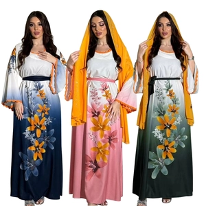 Women Muslim Abaya Dress Gradient Floral Printed Long Robe With Hijab Belt Rhinestone Modest Kaftan Scalloped Sleeve Set