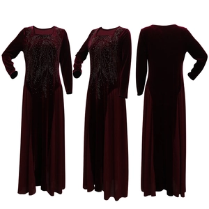Detail of burgundy velvet and chiffon Jalabia with crystal leaf embroidery trim