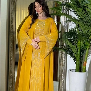 Elegant yellow chiffon abaya set with intricate silver sequin embroidery and matching belt