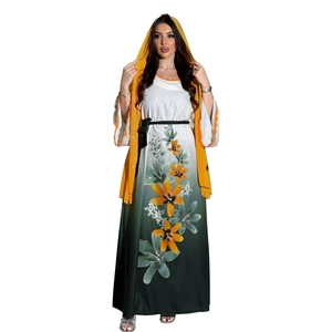 Elegant long gradient green floral robe dress with orange lilies and yellow hooded shawl