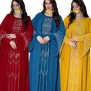 Muslim style rhinestone abaya sets in red, blue, and yellow with chiffon capes