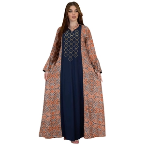 Detail of blue Abaya with orange geometric patterns and gold embroidery on the neckline