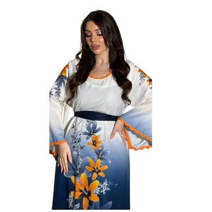 Detail of orange lily print maxi robe with gradient blue base and lace trim accents