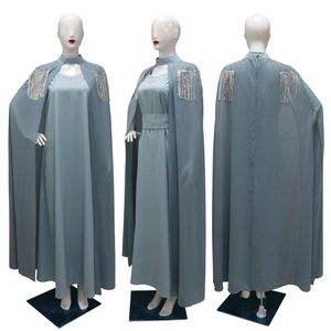 Three views of light blue maxi dress with silver sequin tassels and rhinestone cape