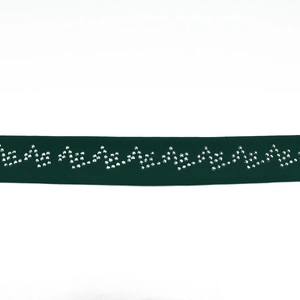 Detail of dark green chiffon belt with intricate silver rhinestone wave patterns