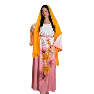 Close-up of rhinestone floral print on gradient kaftan with matching hijab and belt