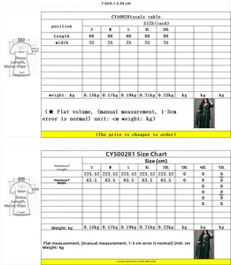 Size chart for rhinestone robe and matching hijab showing detailed metric and imperial units