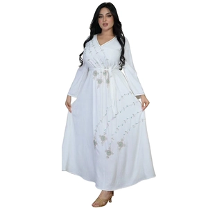 White long-sleeve maxi dress with floral embroidery and V-neck for women
