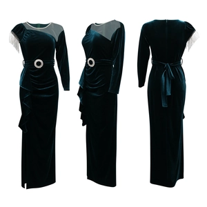 Detail of slim fit velvet dress with fringe sleeve, rhinestone buckle and ruffle side