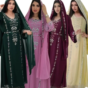 Women's Chiffon Abaya Dress With Hijab Set Hot Rhinestones Embroidery Ethnic Long Sleeve Kaftan Maxi Dress For Party Party Wedding